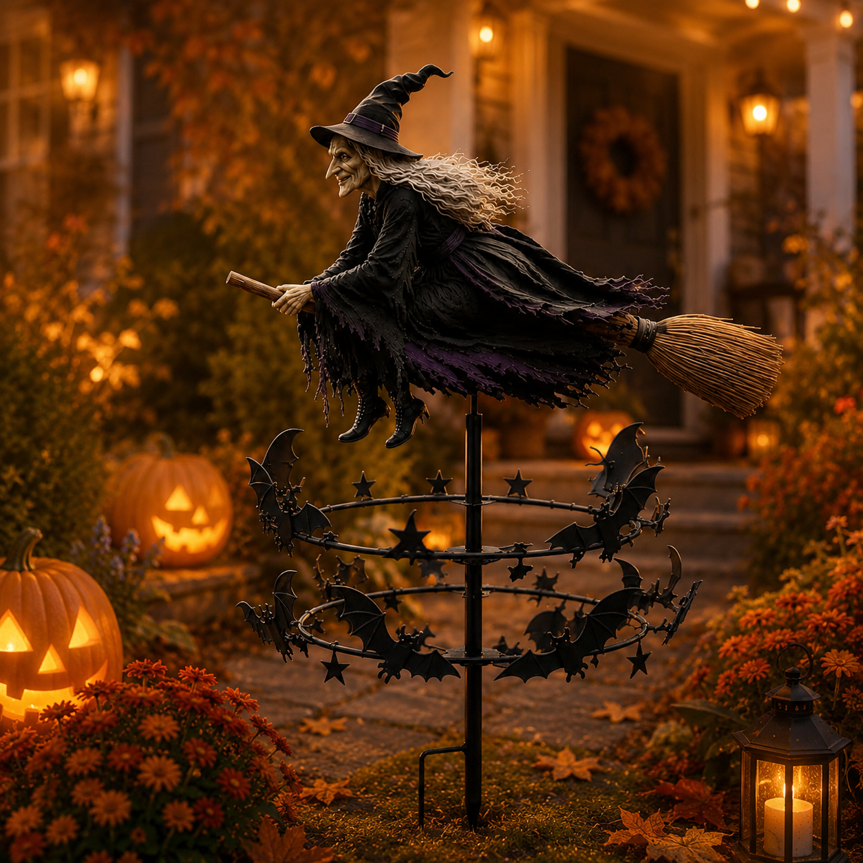🔥49% OFF Last Day🧙♀️ Enchanted Witch Garden Spinner – Halloween Flying Witch & Bat Yard Stake Decor