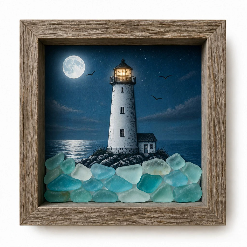 š„šCoastal Lighthouse Sea Glass Shadow Box Night Light