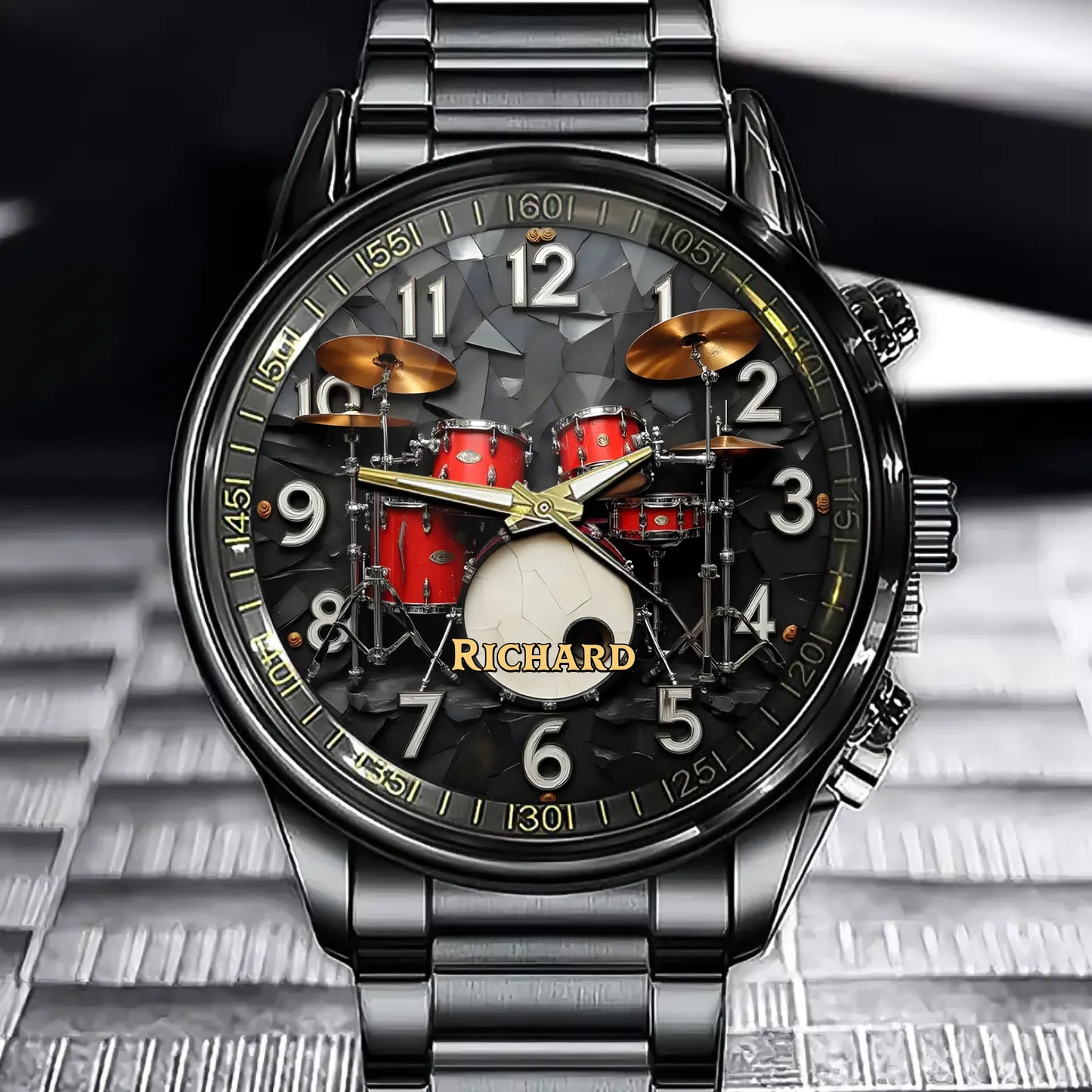 Personalized Drum Set Watch – Custom Name Gift for Music Lovers