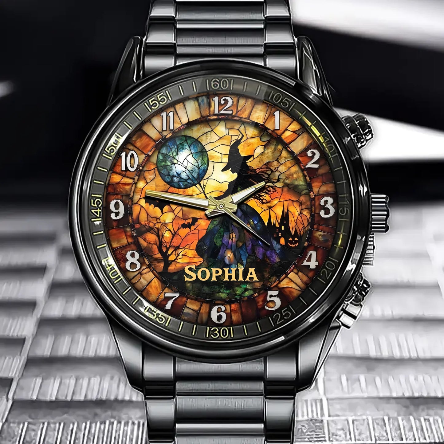 Personalized Witch Night Stained Glass Watch – Add Your Name for a Magical Touch