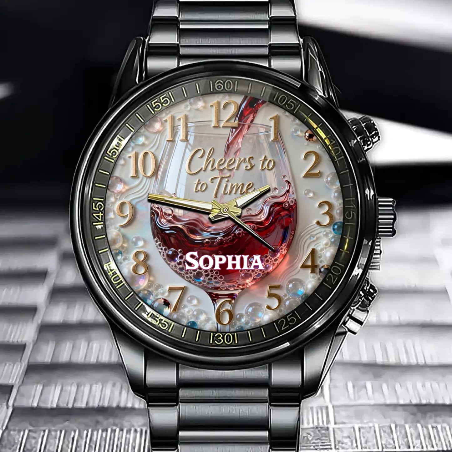 Personalized Wine Glass "Cheers to Time" Watch - Custom Name for Red Wine