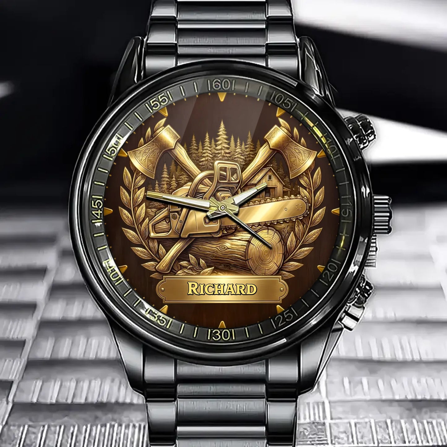 Personalized Lumberjack Watch with Custom Chainsaw and Axe Design
