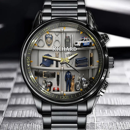 Personalized Police Gear Watch - USA Law Enforcement Theme with Custom Name